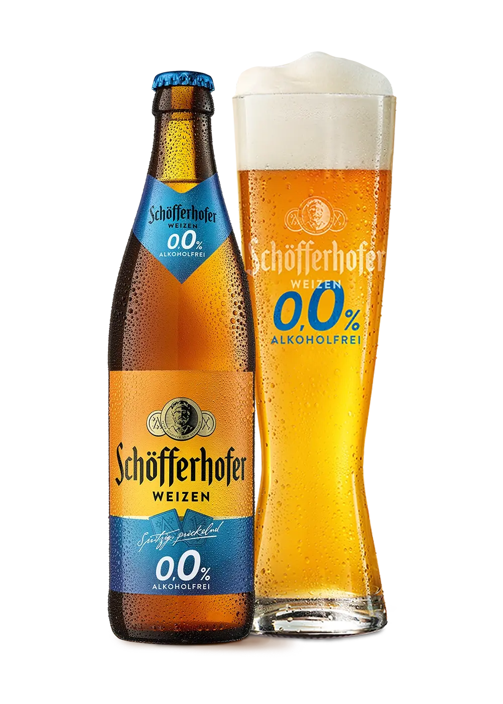 Bierglas mit Schaum neben einer Bierflasche mit Schöfferhofer Weizen Schriftzug. Darunter der Sortenname 0,0 % Alkoholfrei.