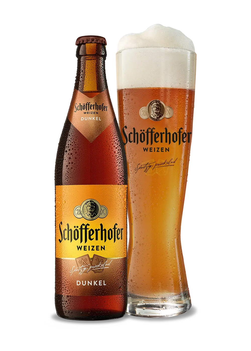 Volles Bierglas mit Schaum neben einer Bierflasche mit Schöfferhofer Weizen Schriftzug. Darunter der Sortenname Dunkel.