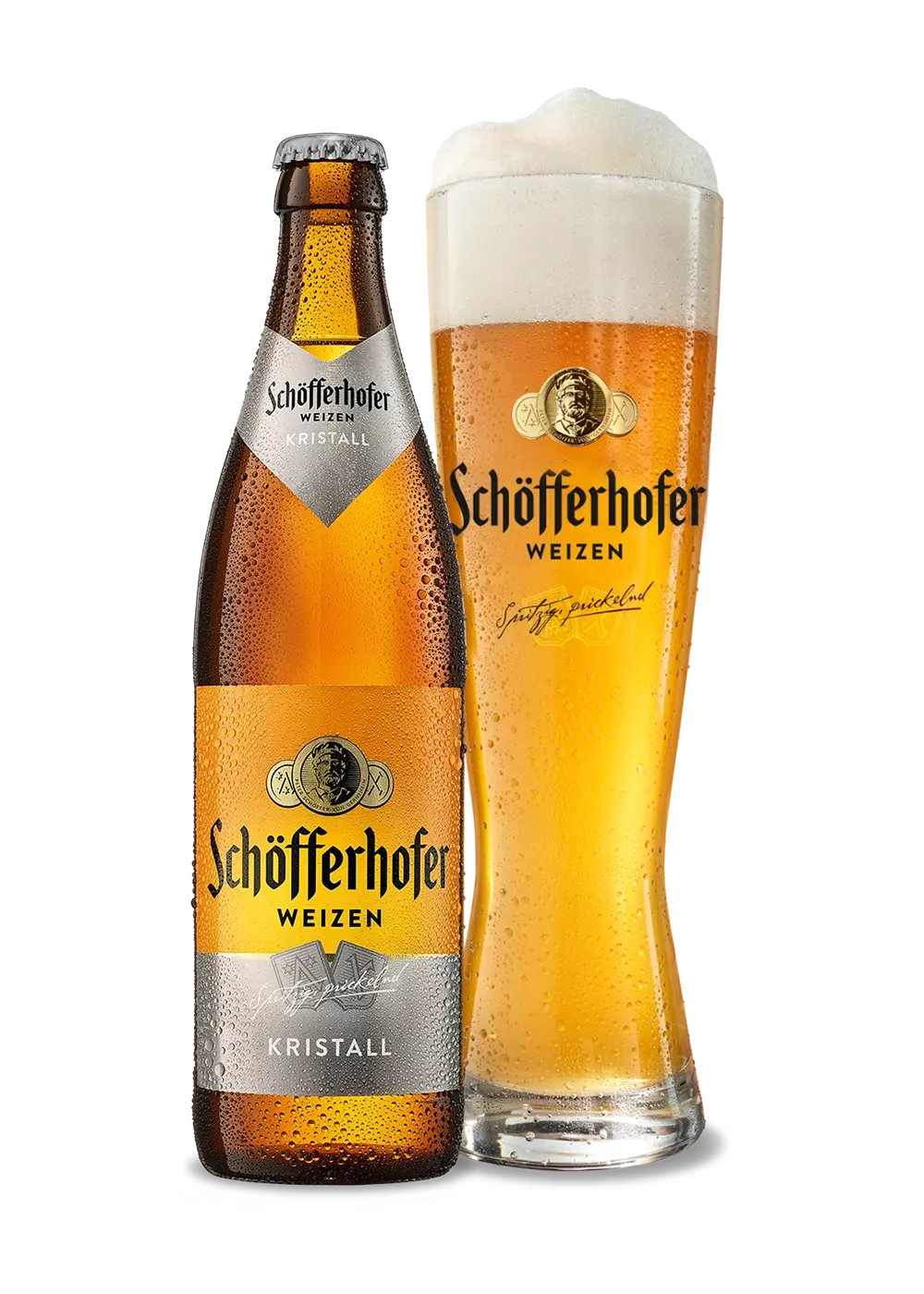 Volles Bierglas mit Schaum neben einer Bierflasche mit Schöfferhofer Weizen Schriftzug. Darunter der Sortenname Kristall.