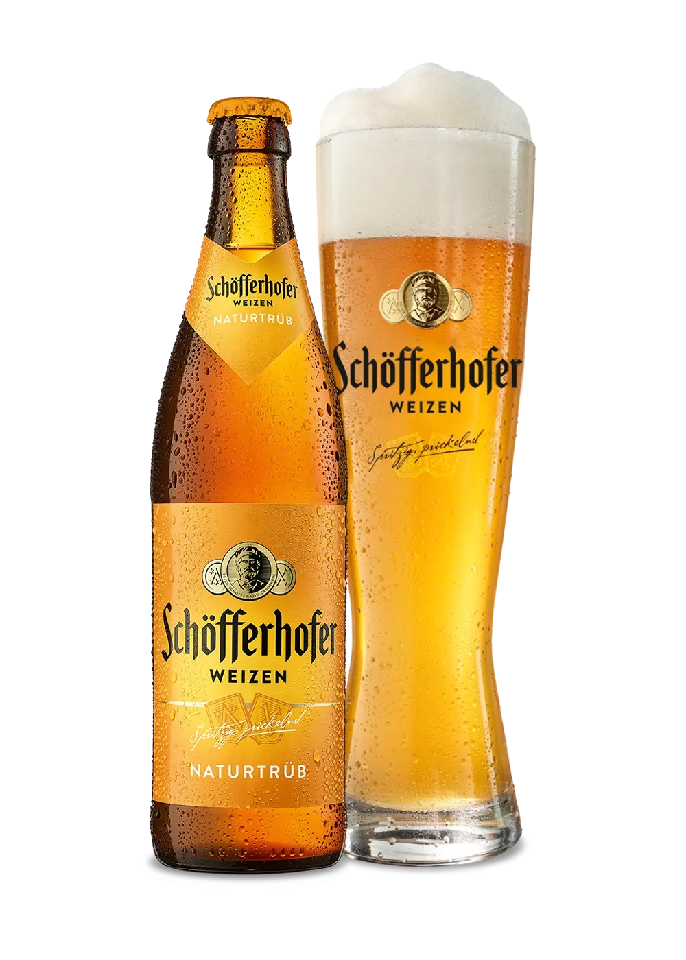 Volles Bierglas mit Schaum neben einer Bierflasche mit Schöfferhofer Weizen Schriftzug. Darunter der Sortenname Naturtrüb.
