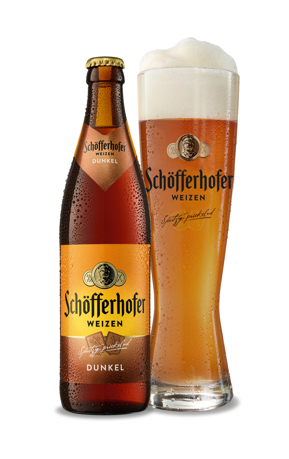 Eine dunkle Bierflasche steht neben einem vollen Glas Bier mit Schaumkrone.