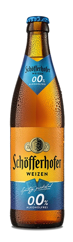 Bierflasche mit Schöfferhofer Weizen Schriftzug. Darunter der Sortenname 0,0 % Alkoholfrei.
