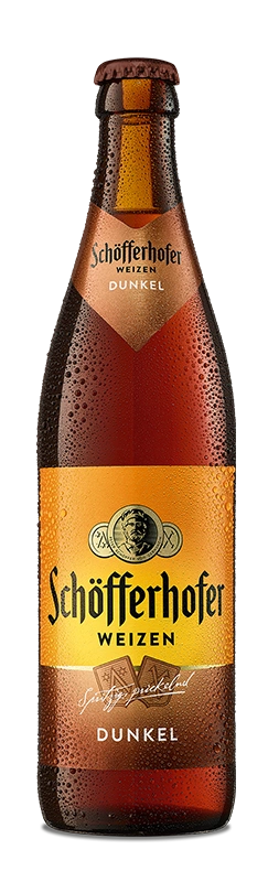 Bierflasche mit Schöfferhofer Weizen Schriftzug. Darunter der Sortenname Dunkel.