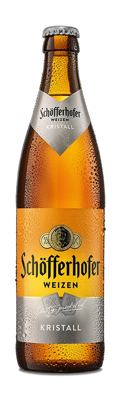 Bierflasche mit Schöfferhofer Weizen Schriftzug. Darunter der Sortenname Kristall.