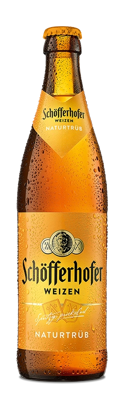 Bierflasche mit Schöfferhofer Weizen Schriftzug. Darunter der Sortenname Naturtrüb.
