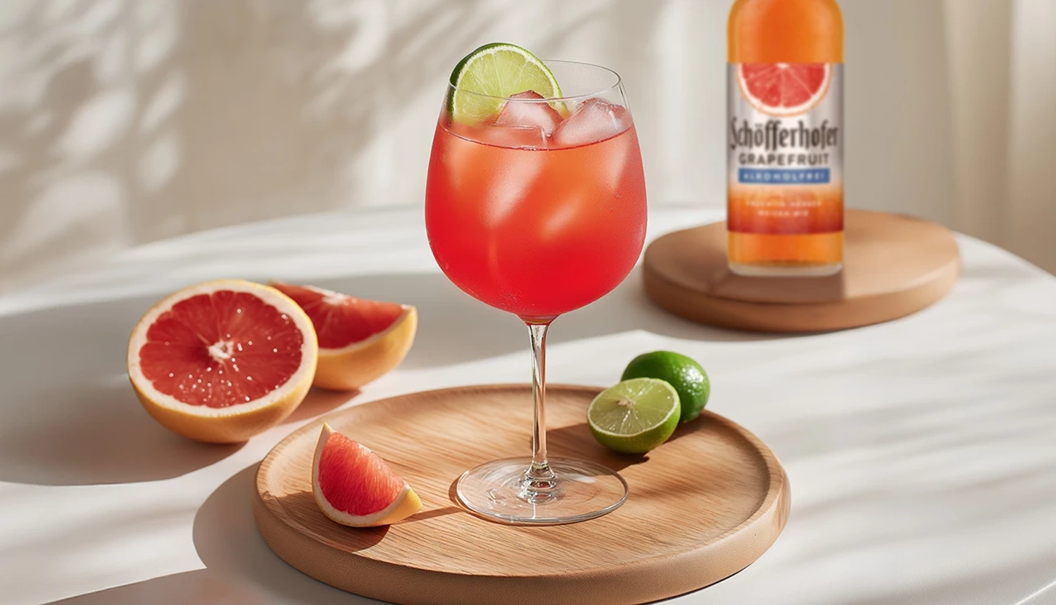 Glas mit rotem Getränk, Eiswürfeln und Limettenscheibe, steht auf einem Holzteller. Im Hintergrund eine Flasche Schöfferhofer.